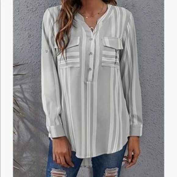 New V Neck Striped Roll Sleeves Button Down Shirt - Picture 2 of 7